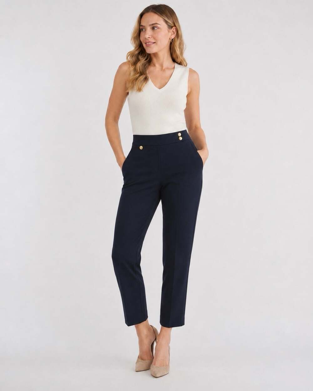 NWT Veronica Beard Renzo Pants Women 10 Navy Blue Gold Crest Button $350 Cropped